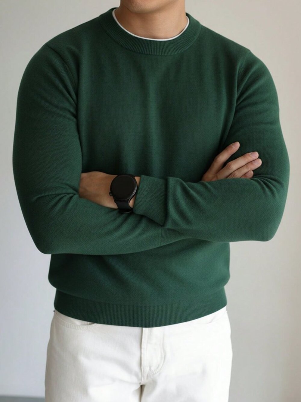 Green Casual Regular Fit Men's Round Neck Rib-Knit Sweater
